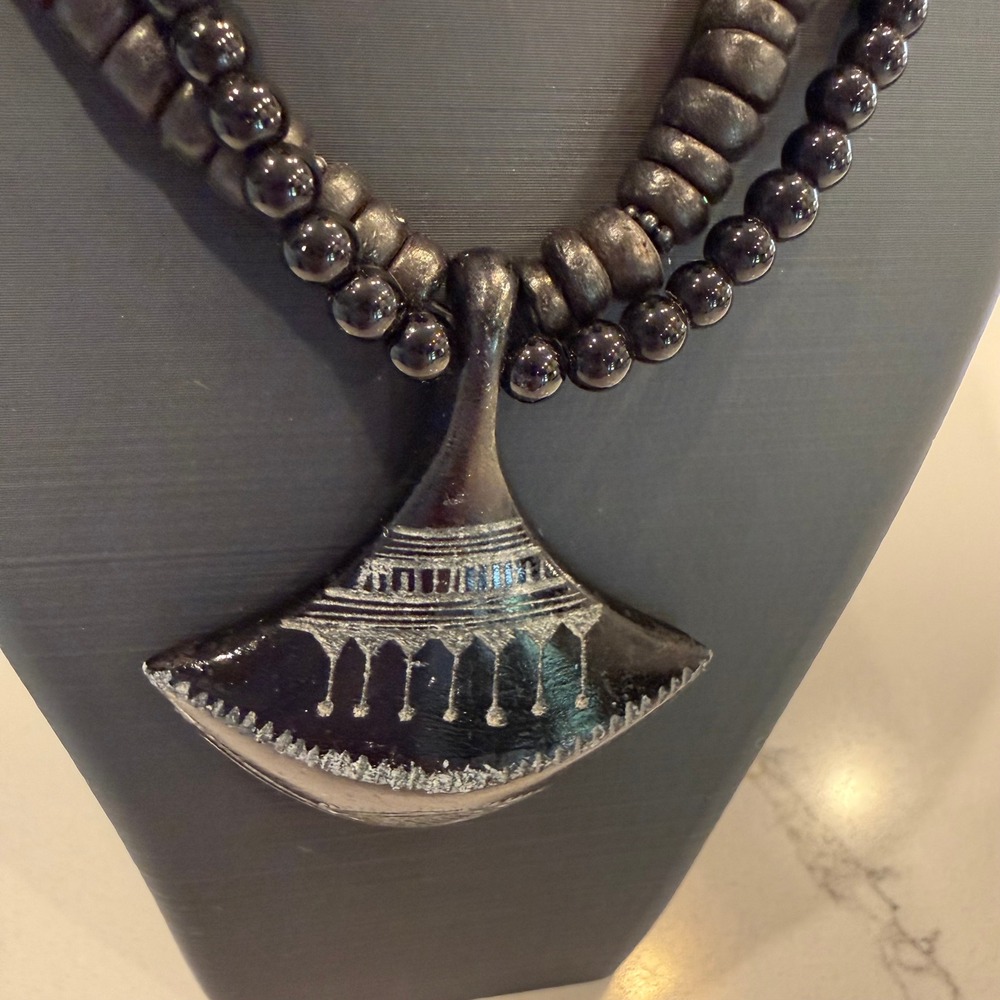 Boho Statement Black Beaded Necklace Large Carved Pendant Double Strand